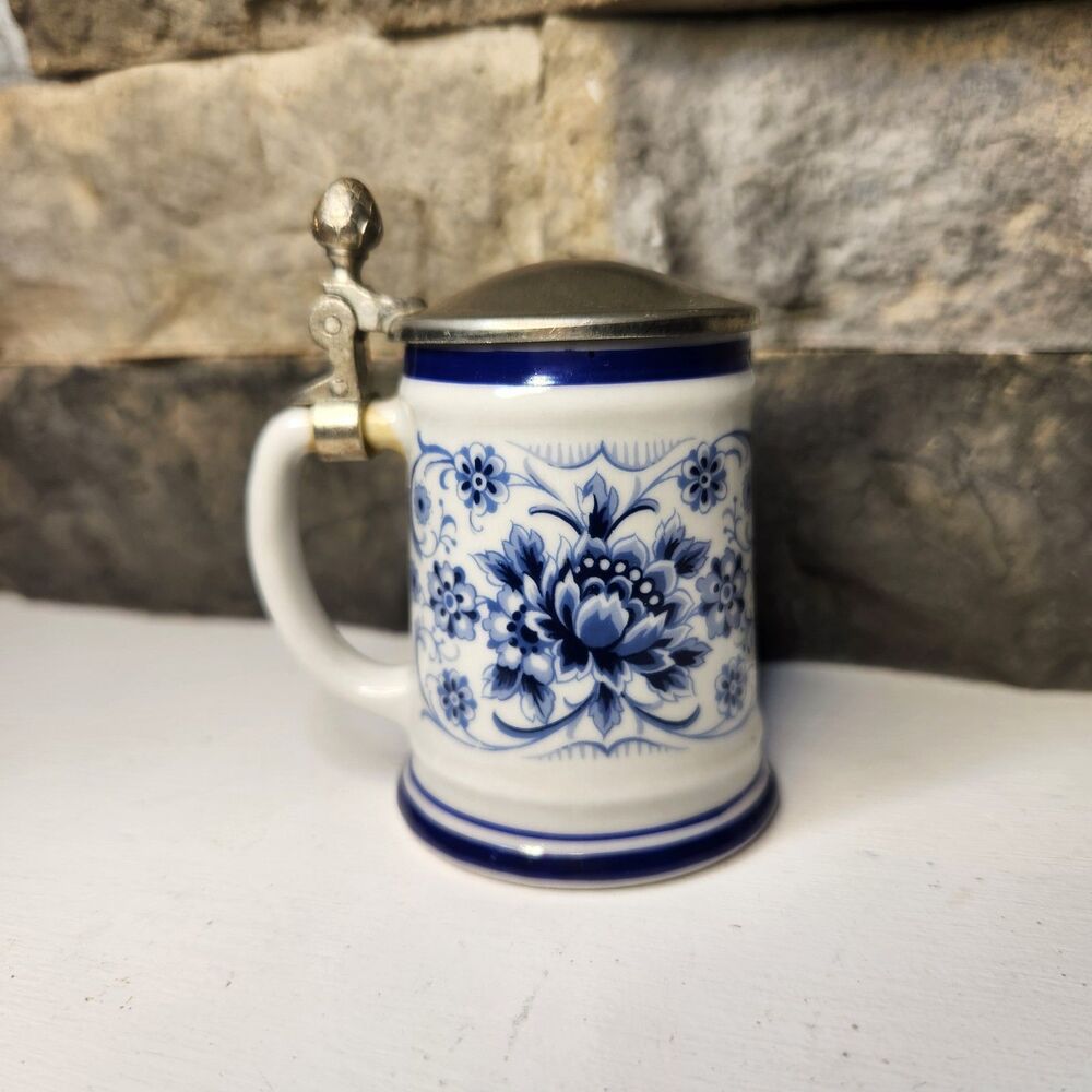 Vtg Echt Kobalt Porcelain West Germany Beer Stein Blue Floral Miniature 2.5”
